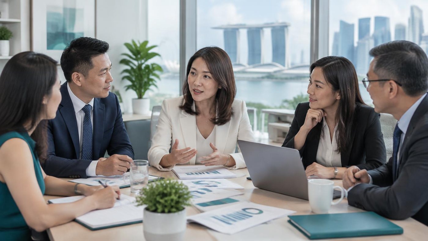Illustrative insurance team working session in a bright Singapore office.